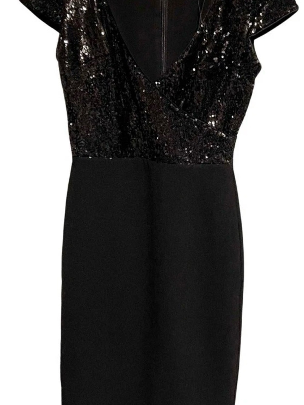 Dress the Population Black Sequin V-Neck Midi Dress with Cap Sleeves